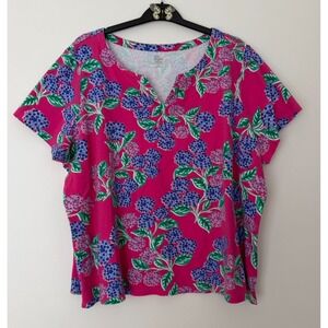 Kim Rogers Size 3X Floral Print Perfectly Soft Short Sleeve Tee Top Pink V‎ neck